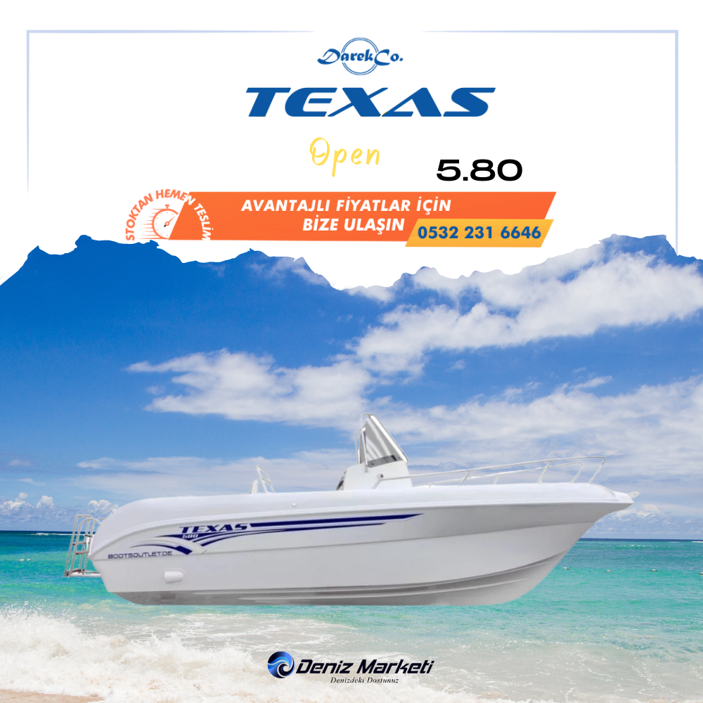 DarekCo Texas 580 Open Tekne ve Dıştan Takma Motor Suzuki 100HP Marşlı Trimli Direksiyon Sistemli